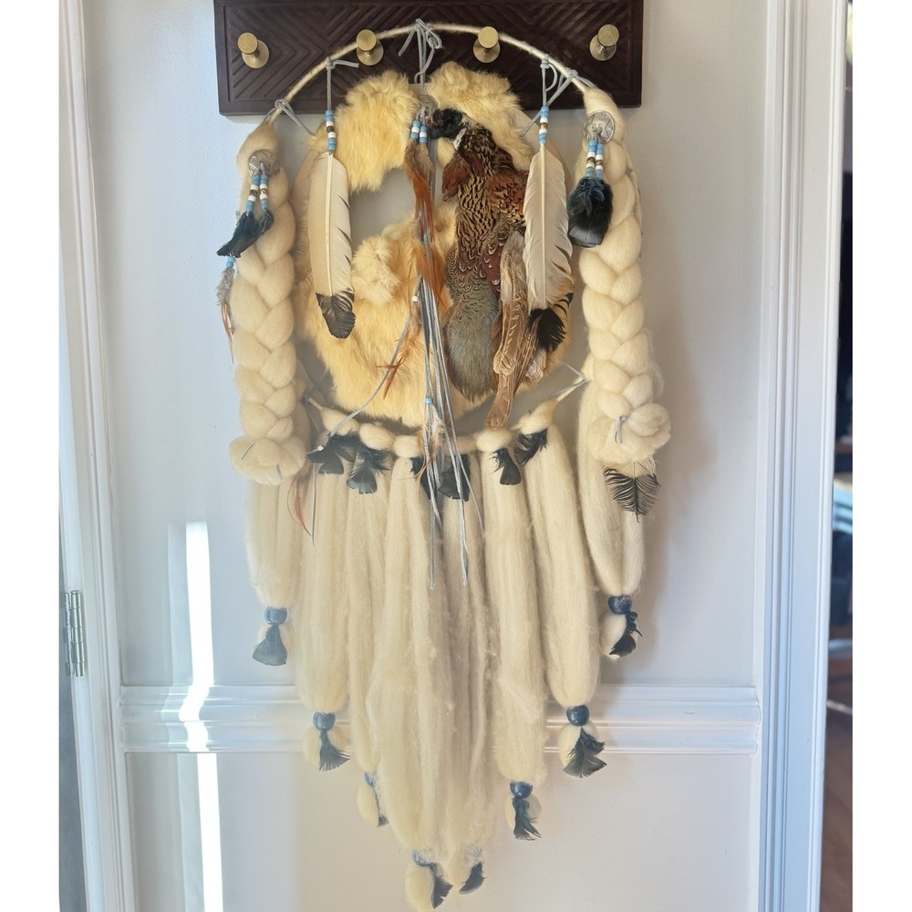 Vintage Native Large Dream Catcher Wall Hanging Fur Feathers 41" Boho